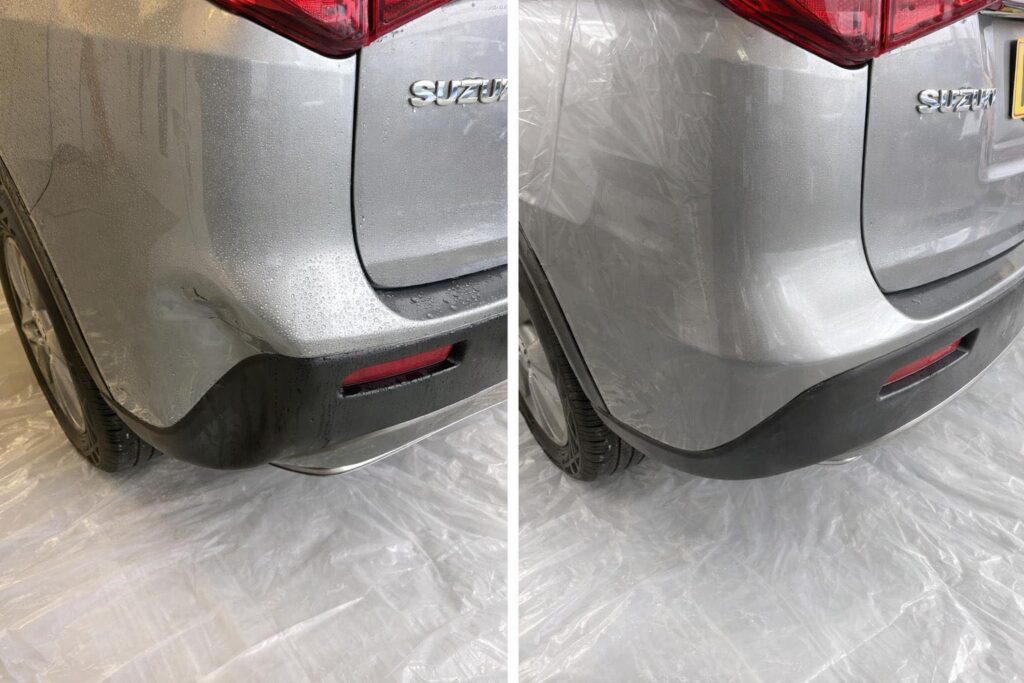 Before and after of work performed to repair the damage impact on the bumper of a Suzuki Vitara